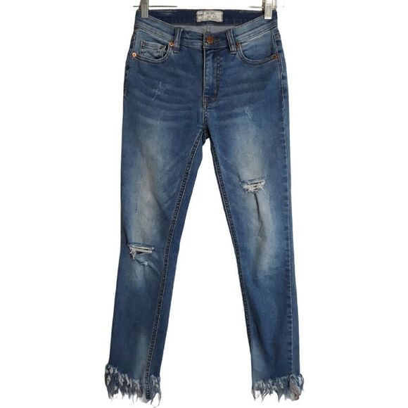 Free People Denim - Free People Women's Distressed Skinny Stretch Denim Raw Hem Ankle Blue Jeans 24